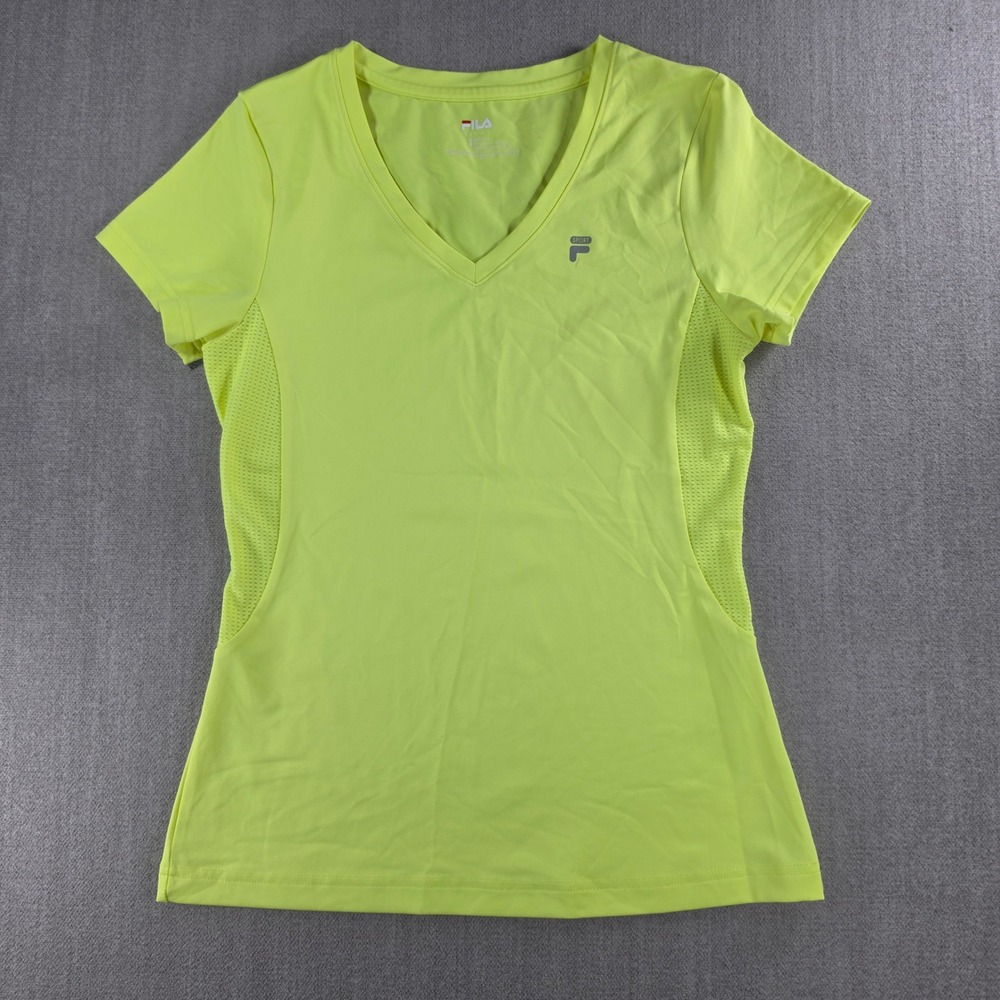 Fila Sport Top Women S Yellow V-Neck Mesh Panel Short Sleeve Athletic Shirt